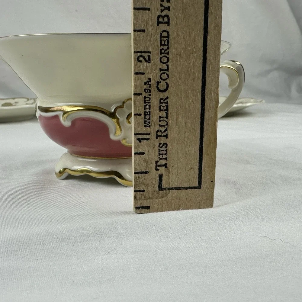 Weimar Porzellan ILSE Tea Trio Coral Pink Gold Gilt Rose Footed Cup Saucer Plate